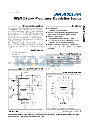 MAX4929EETP+ datasheet - HDMI 2:1 Low-Frequency Translating Switch