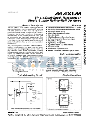 MAX492EPA datasheet - Single/Dual/Quad, Micropower, Single-Supply Rail-to-Rail Op Amps