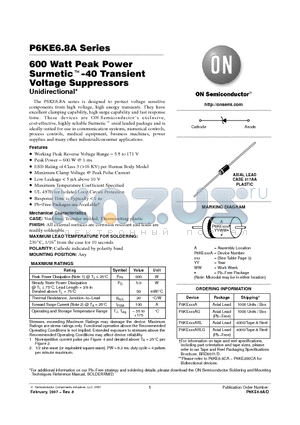 P6KE120G datasheet - 600 Watt Peak Power Surmetic TM -40 Transient Voltage Suppressors