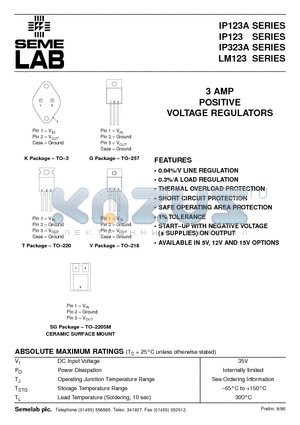 IP123K-05 datasheet - 3 AMP POSITIVE VOLTAGE REGULATORS