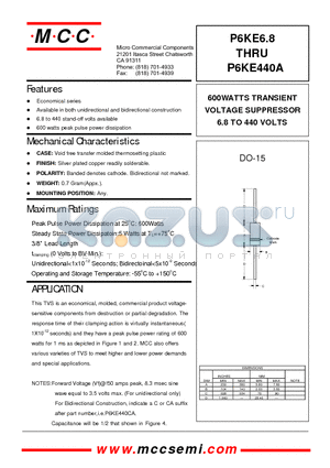 P6KE12A datasheet - 600WATTS TRANSIENT VOLTAGE SUPPRESSOR 6.8 TO 440 VOLTS