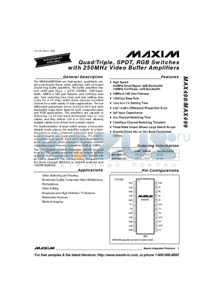 MAX498CWI datasheet - Quad/Triple, SPDT, RGB Switches with 250MHz Video Buffer Amplifiers