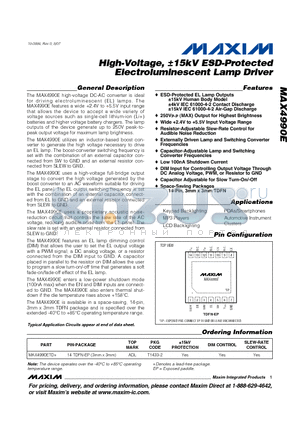 MAX4990ETD+ datasheet - High-Voltage, a15kV ESD-Protected Electroluminescent Lamp Driver