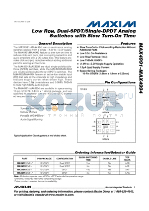 MAX4992 datasheet - Low RON, Dual-SPDT/Single-DPDT Analog Switches with Slow Turn-On Time