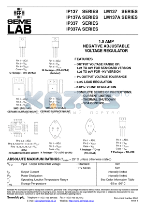 IP137HV datasheet - 1.5 AMP NEGATIVE ADJUSTABLE VOLTAGE REGULATOR