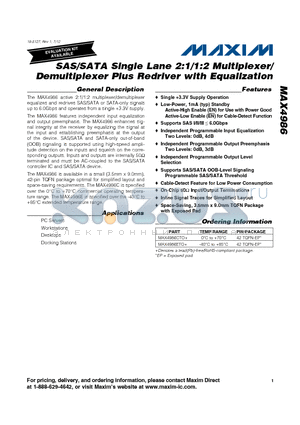 MAX4986ETO+ datasheet - SAS/SATA Single Lane 2:1/1:2 Multiplexer/Demultiplexer Plus Redriver with Equalization