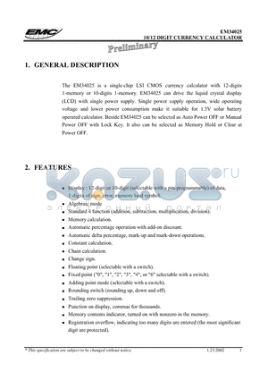 EM34025 datasheet - 10/12 DIGIT CURRENCY CALCULATOR