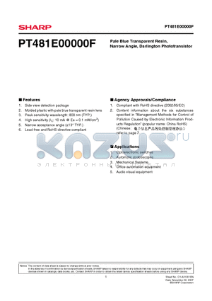 PT481E00000F datasheet - Pale Blue Transparent Resin, Narrow Angle, Darlington Phototransistor