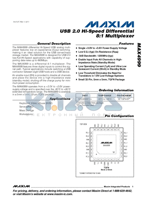 MAX4999_11 datasheet - USB 2.0 Hi-Speed Differential 8:1 Multiplexer Small 32-Pin, 5mm x 5mm, TQFN Package