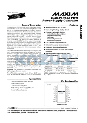MAX5003CEE datasheet - High-Voltage PWM Power-Supply Controller