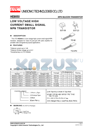 HE8050-X-T9N-B datasheet - LOW VOLTAGE HIGH CURRENT SMALL SIGNAL NPN TRANSISTOR