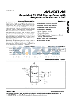 MAX5008 datasheet - Regulated 5V USB Charge Pump with Programmable Current Limit