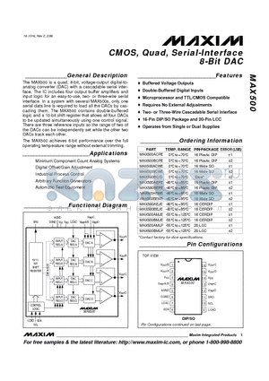 MAX500BCPE datasheet - CMOS, Quad, Serial-Interface 8-Bit DAC