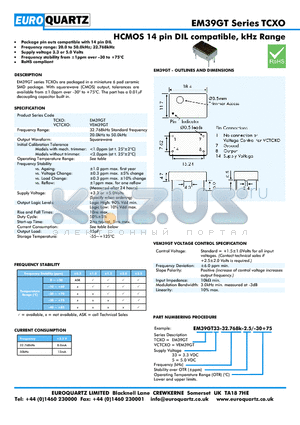 EM39GT5-32.768-2.5-30 datasheet - HCMOS 14 pin DIL compatible, kHz Range