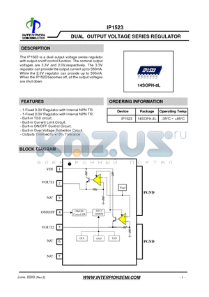 IP1523 datasheet - DUAL OUTPUT VOLTAGE SERIES REGULATOR