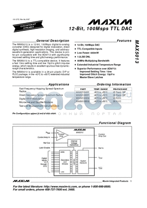 MAX5013BEPI datasheet - 12-Bit, 100Msps TTL DAC