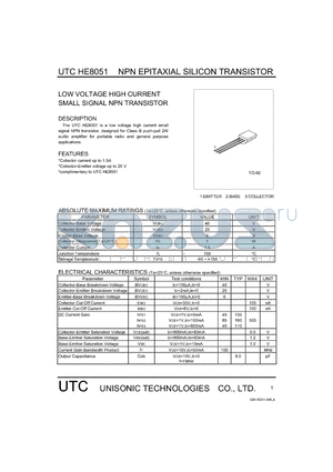 HE8051 datasheet - LOW VOLTAGE HIGH CURRENT SMALL SIGNAL NPN TRANSISTOR