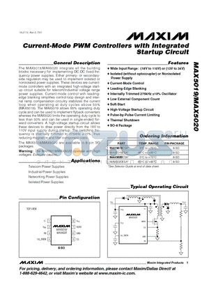 MAX5019ESA datasheet - Current-Mode PWM Controllers with Integrated Startup Circuit