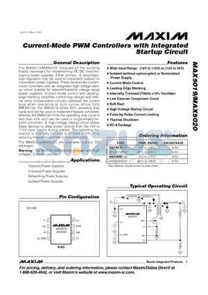 MAX5019CSA datasheet - Current-Mode PWM Controllers with Integrated Startup Circuit