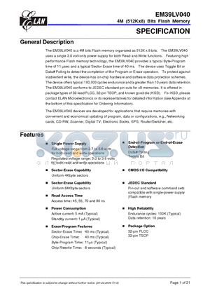 EM39LV040-55FDC datasheet - 4M (512Kx8) Bits Flash Memory