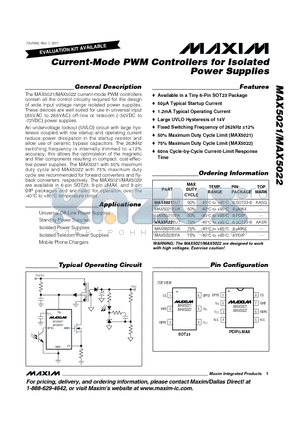 MAX5022EUA datasheet - Current-Mode PWM Controllers for Isolated Power Supplies