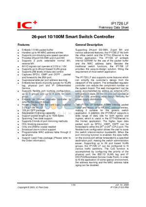 IP1726LF-DS-R01 datasheet - 26-port 10/100M Smart Switch Controller