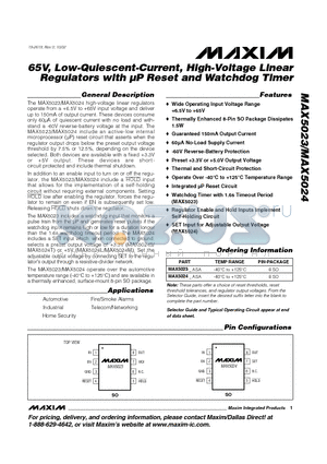 MAX5023-MAX5024 datasheet - 65V, Low-Quiescent-Current, High-Voltage Linear Regulators with lP Reset and Watchdog Timer