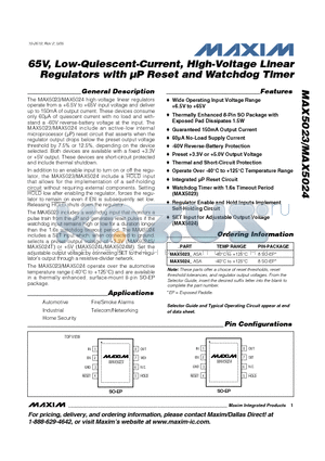 MAX5023_ASA datasheet - 65V, Low-Quiescent-Current, High-Voltage Linear Regulators with lP Reset and Watchdog Timer