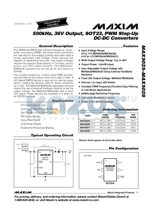 MAX5025EUT-T datasheet - 500kHz, 36V Output, SOT23, PWM Step-Up DC-DC Converters