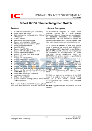 IP175CLF datasheet - 5 Port 10/100 Ethernet Integrated Switch