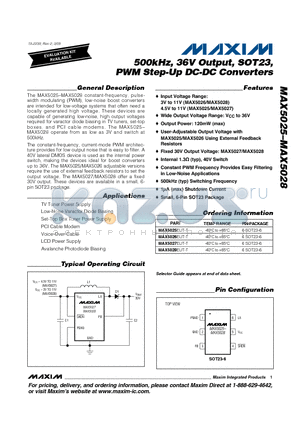 MAX5027EUT-T datasheet - 500kHz, 36V Output, SOT23, PWM Step-Up DC-DC Converters