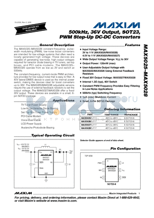 MAX5026EUT-T datasheet - 500kHz, 36V Output, SOT23, PWM Step-Up DC-DC Converters