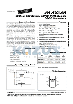 MAX5027 datasheet - 500kHz, 36V Output, SOT23, PWM Step-Up DC-DC Converters