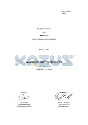 MAX5027 datasheet - RELIABILITY REPORT FOR MAX5026EUT PLASTIC ENCAPSULATED DEVICES