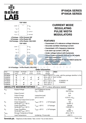 IP1842A datasheet - CURRENT MODE REGULATING PULSE WIDTH MODULATORS