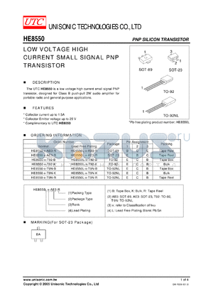HE8550-E-T9N-B datasheet - LOW VOLTAGE HIGH CURRENT SMALL SIGNAL PNP TRANSISTOR