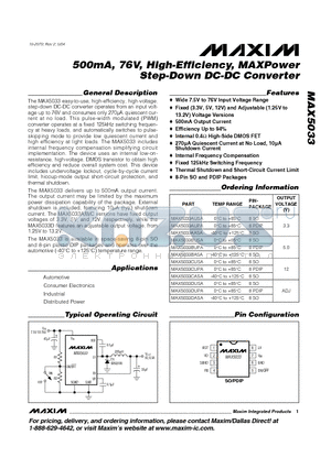 MAX5033CUPA datasheet - 500mA, 76V, High-Efficiency, MAXPower Step-Down DC-DC Converter