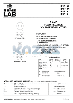 IP1R19A datasheet - 5 AMP FIXED NEGATIVE VOLTAGE REGULATORS