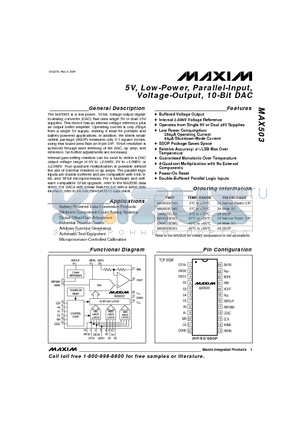 MAX503EAG datasheet - 5V, Low-Power, Parallel-Input, Voltage-Output, 10-Bit DAC