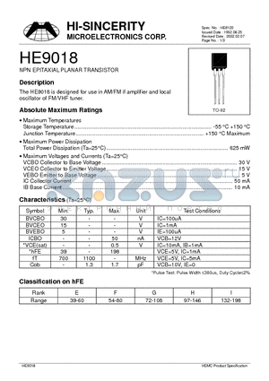 HE9018 datasheet - NPN EPITAXIAL PLANAR TRANSISTOR