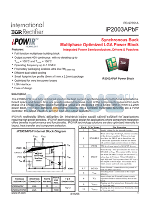 IP2003ATRPBF datasheet - Synchronous Buck Multiphase Optimized LGA Power Block Intergrated Power Semiconductors,Drivers&Passives