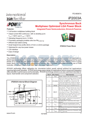 IP2003A datasheet - Synchronous Buck Multiphase Optimized LGA Power Block Integrated Power Semiconductors, Drivers & Passives