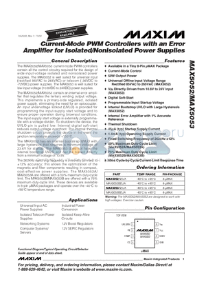 MAX5052 datasheet - Current-Mode PWM Controllers with an Error Amplifier for Isolated/Nonisolated Power Supplies