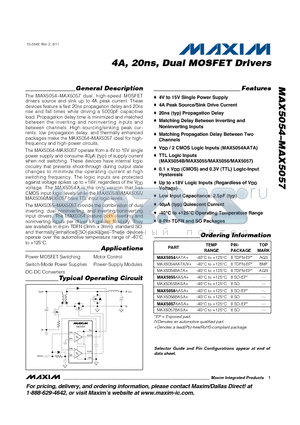 MAX5054 datasheet - 4A, 20ns, Dual MOSFET Drivers TTL Logic Inputs 8-Pin TDFN and SO Packages