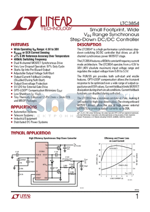 LTC3854 datasheet - Small Footprint, Wide VIN Range Synchronous Step-Down DC/DC Controller