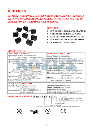 HEA-48-060165-4 datasheet - AC TO DC EXTERNAL UN-REGULATED WALLMOUNT & DESKTOP ADAPTOR DIVERSE AC PLUGS SINGLE OUTPUT 12.0-15.6 WATTS LINEAR POWER ADAPTORS