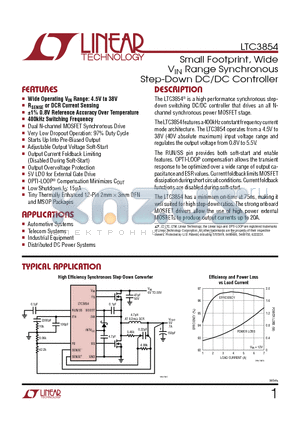 LTC3854EMSE datasheet - Small Footprint, Wide VIN Range Synchronous Step-Down DC/DC Controller