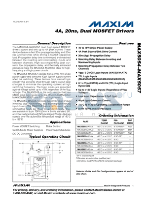 MAX5055BASA datasheet - 4A, 20ns, Dual MOSFET Drivers TTL Logic Inputs 8-Pin TDFN and SO Packages