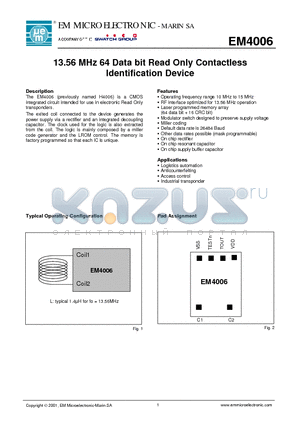 EM4006F9WW21E datasheet - 13.56 MHz 64 Data bit Read Only Contactless Identification Device