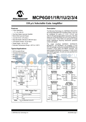 MCP6G01R datasheet - 110 lA Selectable Gain Amplifier